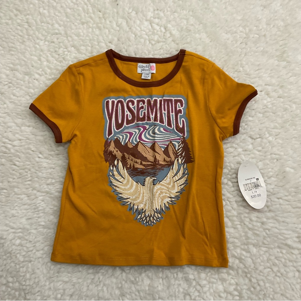 Teen Colorful Planet Yosemite Mustard Yellow T-shirt Large 14 Mountains & Eagle